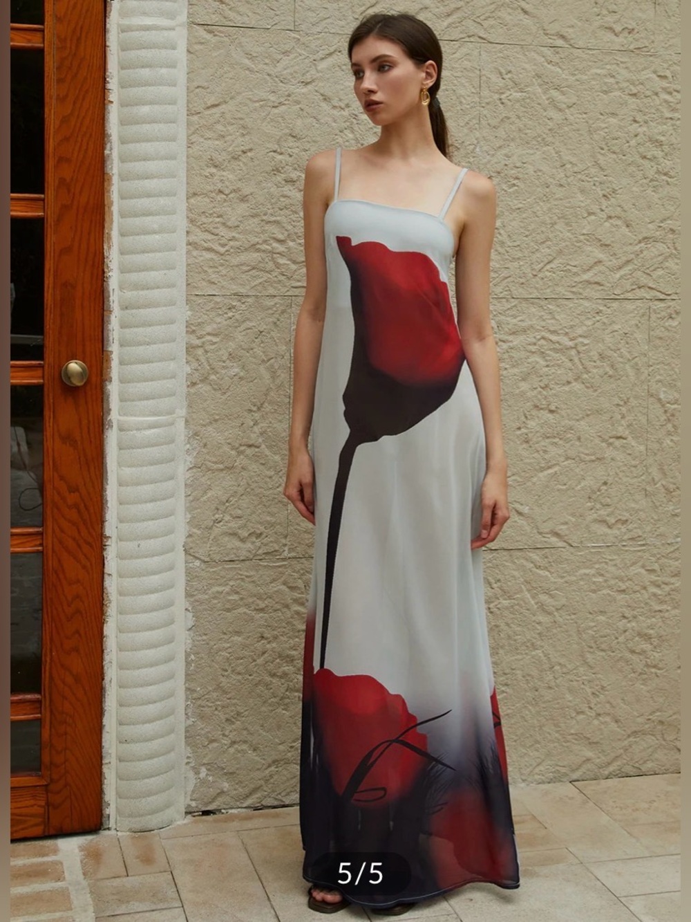 Commense Ivory Maxi Slip Dress with Red Floral Graphic